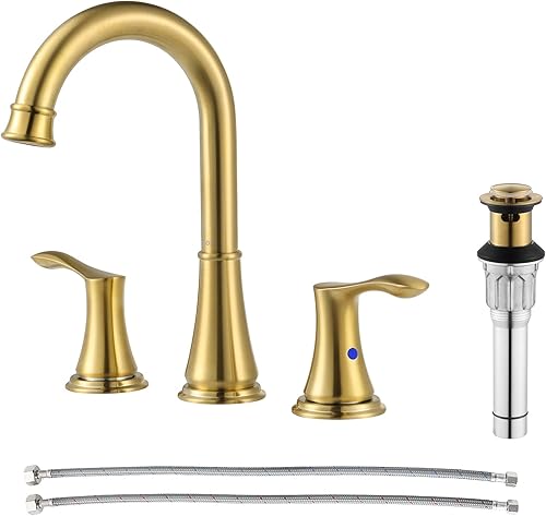 PARLOS Grifo de baño de doble manija de oro cepillado con desagüe emergente y líneas de suministro de grifo cUPC, Demeter 1365108