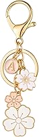 SELOVO Initial Keychain with Pink Flower Charms - Cute Personalized Letter Keyring for Backpack, Purse & Handbag
