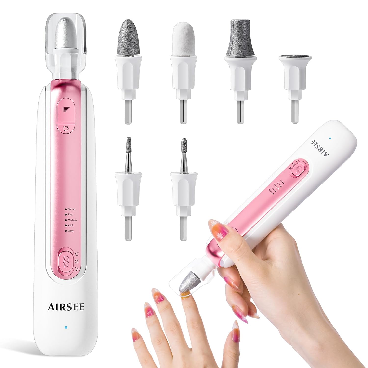AIRSEE Professional Manicure Pedicure Kit,Cordless 6 in 1 Electric Nail File for feet,5 Speed Rechargeable Pedicure Tools for Thick Nail Toenail Cuticle, Hand Feet Trimmer Buffer for Women Men,Pink