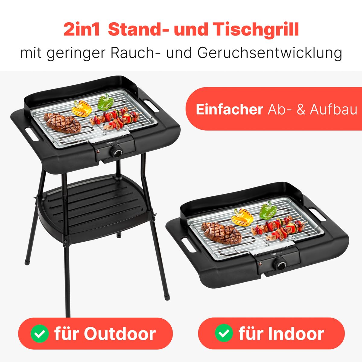 Barbecue sur pied et de table Clatronic | pour l'intérieur et l'extérieur | Barbecue électrique pour balcon | 2000 W | Barbecue de table électrique | Faible dégagement de fumée et d'odeurs | BQS 3842