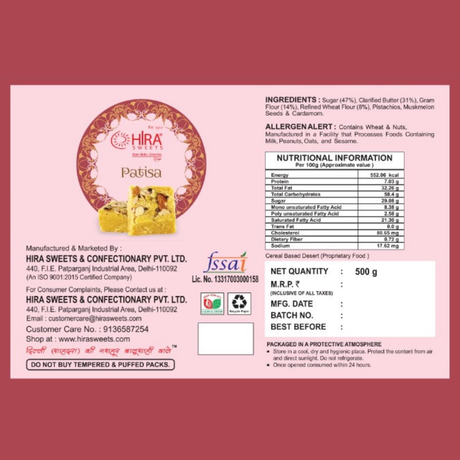 HIRA SWEETS Patisa 500g | Soan Papdi | Indian Mithai | Instant Ready To Eat - Delicious Crispy & Flaky | Patisa Sweet Desi Ghee |Traditional Indian Desert | Preservatives Free | Sweet Gift Box 1