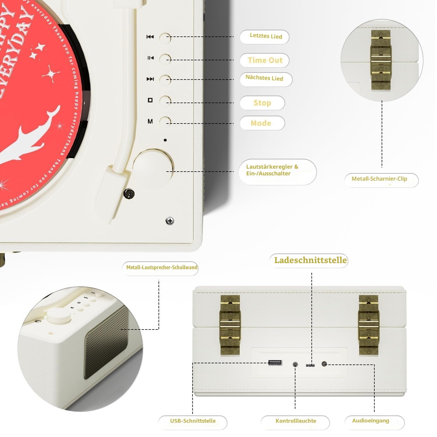 Yintiny Wiederaufladbarer CD-Player aus Leder mit Lautsprechern, Bluetooth-Sender, Festival-Geschenk, BGM-Player für Heimdekoration.