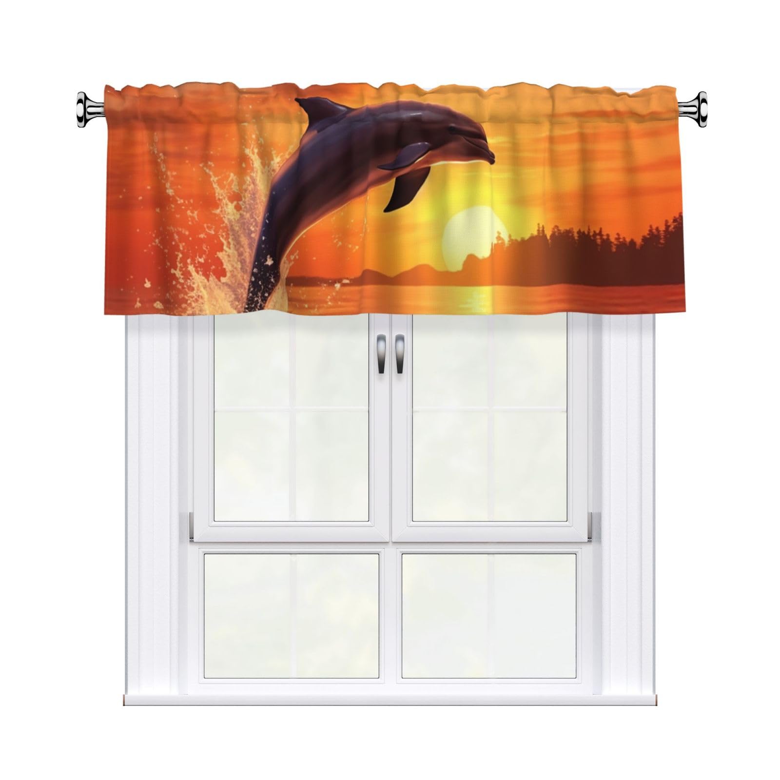 DWVTSLH Sunset Dolphin Valances Curtains for Windows, Rod Pocket Drape Valence Blackout Short Curtains for Kitchen Bathroom Bedroom Window Treatment for Home Décor 54x18 Inch