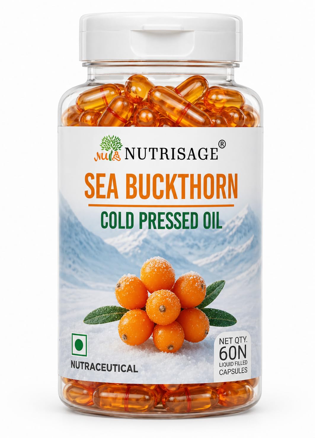 Sea Buckthorn Oil Capsules 1200mg Daily Serving | Cold Pressed Himalayan Omega 7 Formula | Supports Skin Hydration, Glow, Hair & Whole Body Wellness | Omega 3 6 7 9 | 60 Capsules