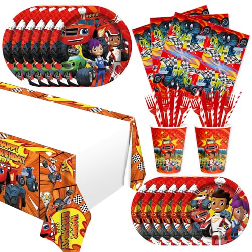 141Pcs Blaze and the monster Parties Blaze and the monster Party Tableware Disposable Dinnerware Plates Cups Napkins for Whells Baby Shower Party Decoration Supplies Serves 20