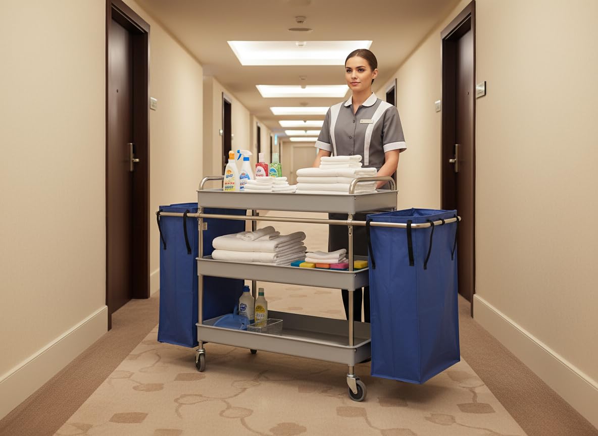 Jofel - AL50150, Carro Camarera Metálico, 3 Bandejas Grandes Y 2 Bolsas Laterales, Totalmente Desmontable, Para Horeca, Hoteles, Geriátricos, Residencias, Hospitales, Clínicas