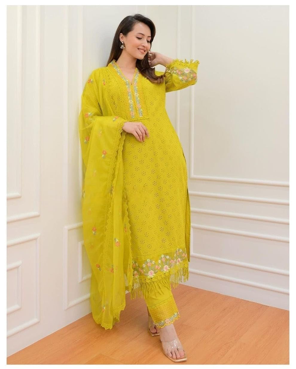RangMahal Damen Indian Heavy Kurta mit afghanischer Hose & Organza Dupatta Set