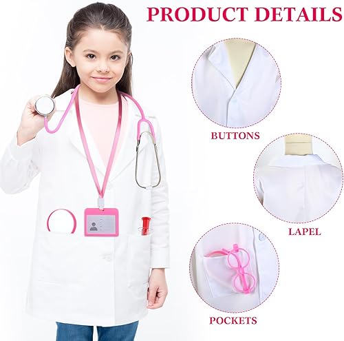 Miniatura 3 de Xtinmee Disfraz de médico para niños, abrigo de laboratorio para niños con tarjetero de identificación, lupa, jeringa, estetoscopio, juguetes