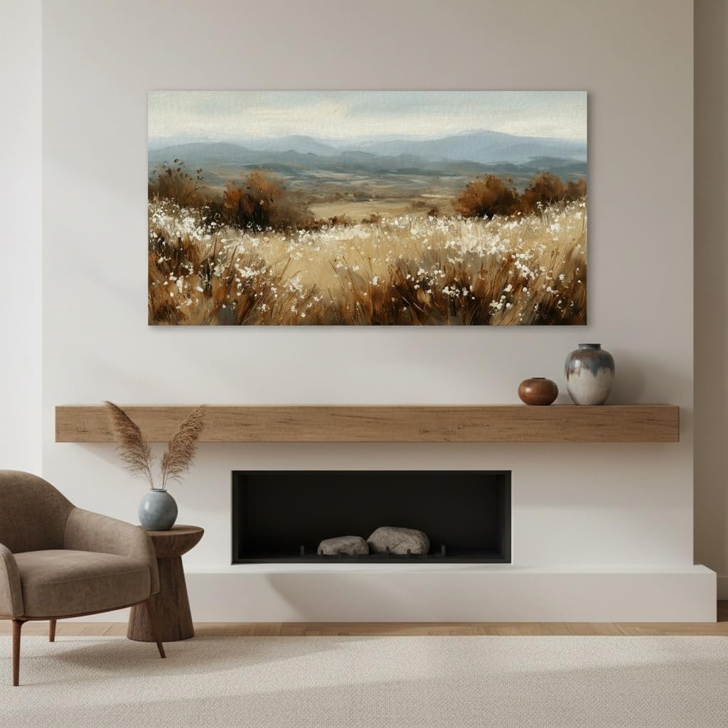 KZKU Rustic Landscape Canvas Wall Art Living Room Country Farmhouse Decor Mountain Field with Wildflowers Retro Scenery Prints for Bedroom Above of Bed 20x40inch