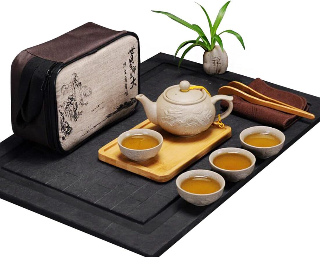 Hoobar Chinese Kungfu Tea Set/Portable Travel Tea Set with a Travel Bag Dragon Pattern (Style 2 (4 cups))