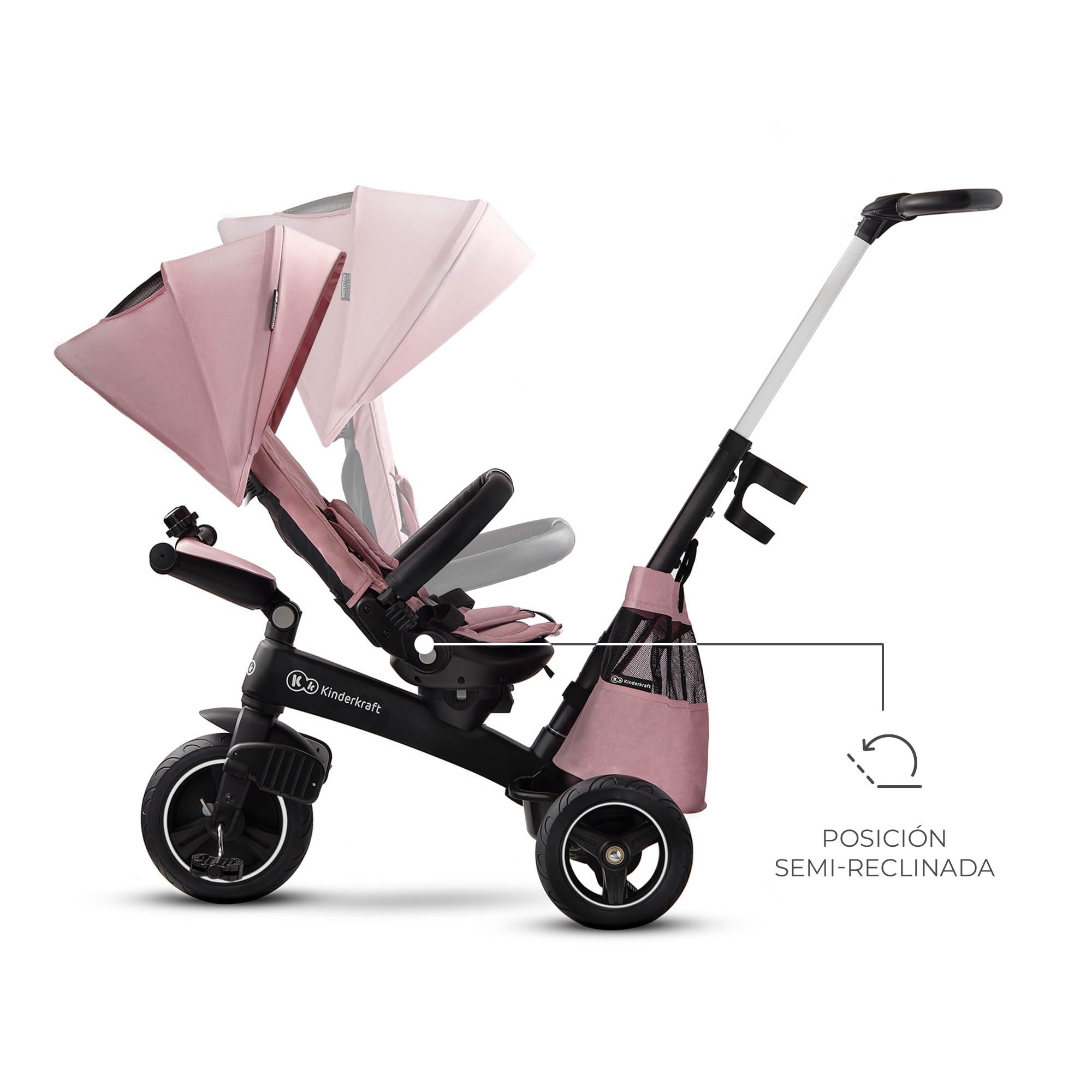 Kinderkraft EASYTWIST Triciclo Infantil, con Accesorios, Ventana de Techo, Cinturones de Seguridad, rotación de 360 Grados, Rueda Libre, Barra de Empuje, a Partir de 9 Meses hasta 5 años, Rosa