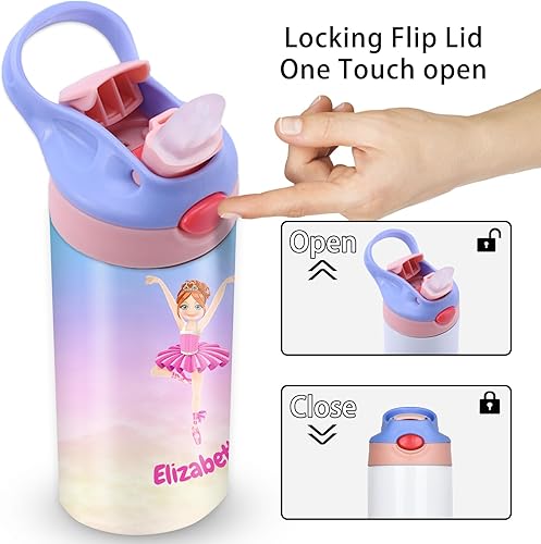 Miniatura 6 de Botellas de agua personalizadas de bailarina de regalo para niños, 20 onzas con nombre y pajita, tazas de acero inoxidable aisladas de acero