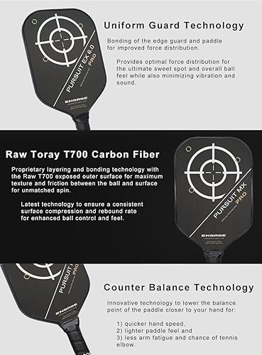 Miniatura 8 de Engage Pursuit Pro MX 6.0 Paleta de pickleball - Forma alargada, cara de fibra de carbono Toray T700 sin procesar, núcleo de control Pro "negro" de