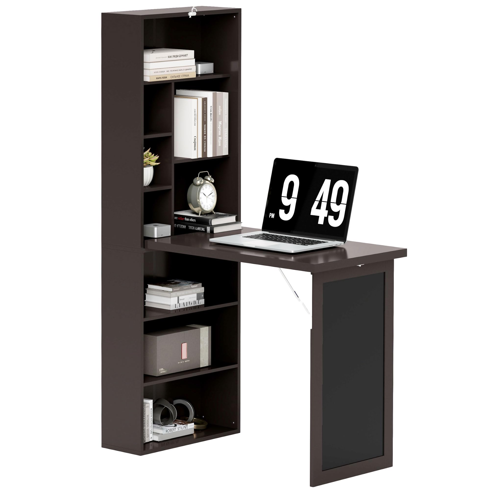 HOMCOM Escritorio Plegable para Ordenador, Escritorio con almacenaje, Mesa de Pared Plegable con librería, estación de Trabajo, Pizarra y Estante Ajustable, marrón