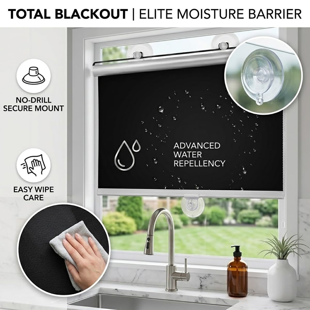 Estores Enrollables Sin Taladrar Persiana Enrollable con Ventosa, Cortinas Blackout Protección UV, Estor Enrollable Opaco Portátil Persianas Temporales para Ventanas Coche Baño(60 A x 180 H cm)