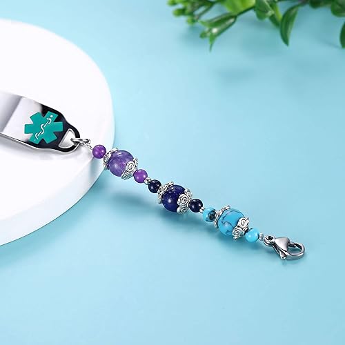 Miniatura 4 de JF.JEWELRY Pulsera de identificación de alerta médica para mujer, pulsera médica personalizada con cuentas de piedra natural, grabado gratuito