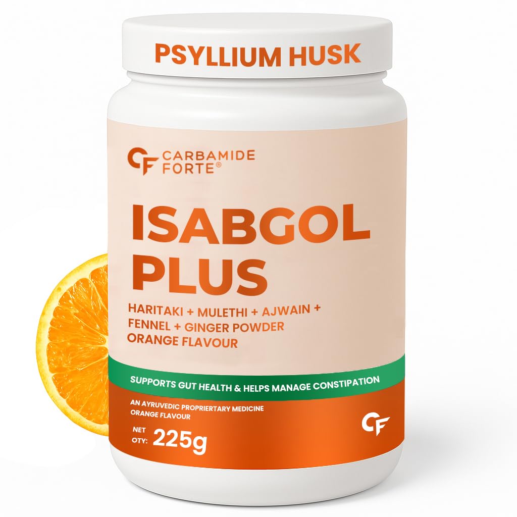 Carbamide Forte Isabgol Powder | Psyllium Husk Powder With Haritaki, Ajwain & Fennel | Fiber supplement for Constipation Relief & Digestion | Orange Flavour | 225g Isabgol Powders