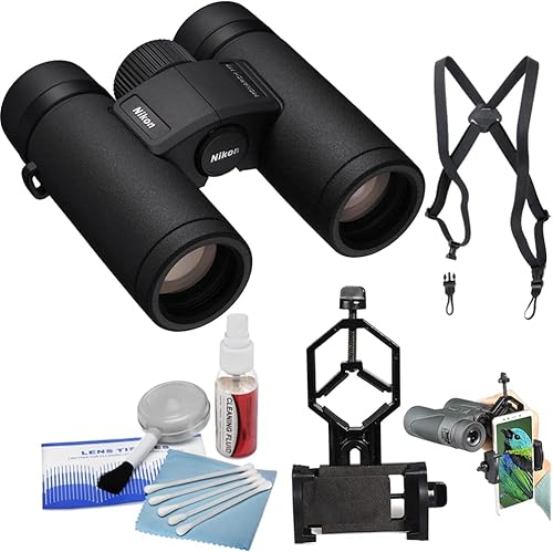 Nikon Paquete de prismáticos Monarch M7 de 8 x 30 con arnés binocular + adaptador de teléfono inteligente a binocular + kit de limpieza de lentes de