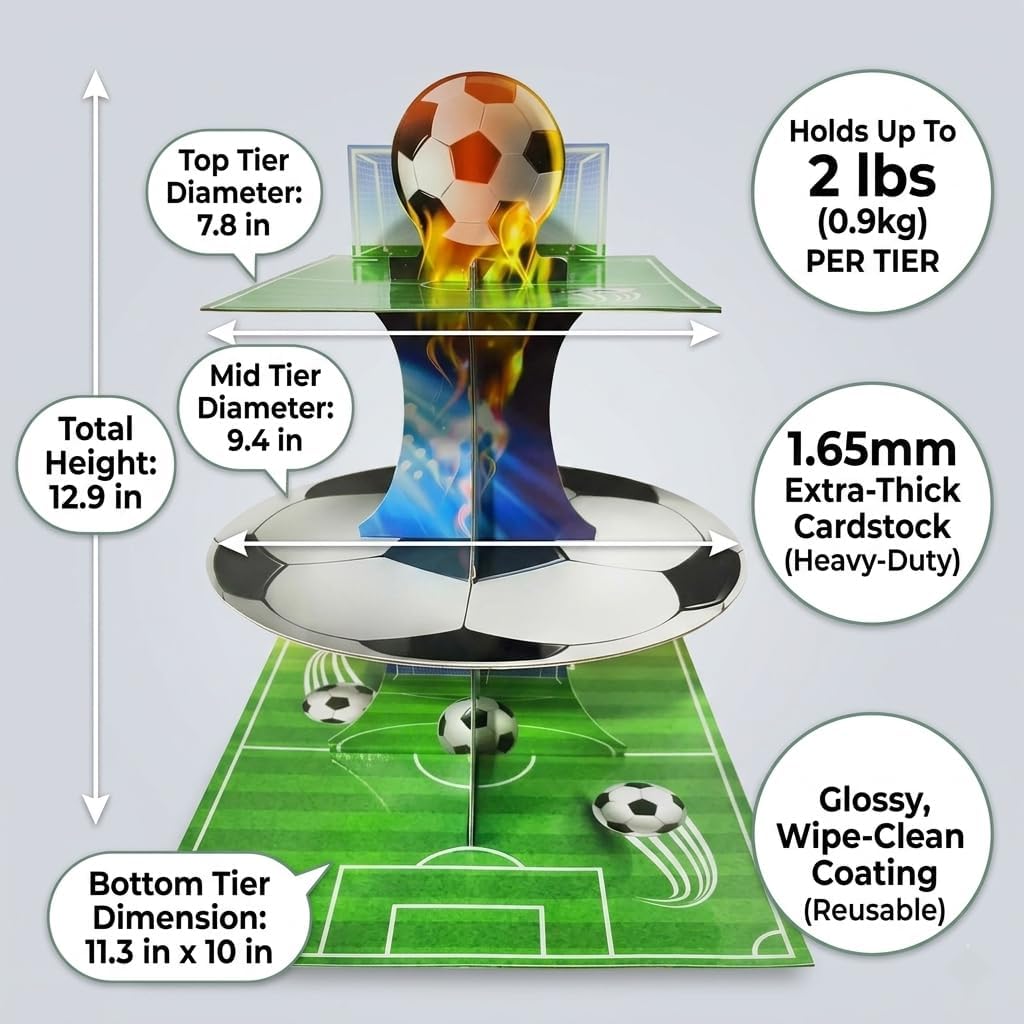 Soccer Birthday Decor - 3 Tier Football Stand with Field Design, Soccer Cupcake Stand for Teen Boys Sports Theme Party Supplies image 2