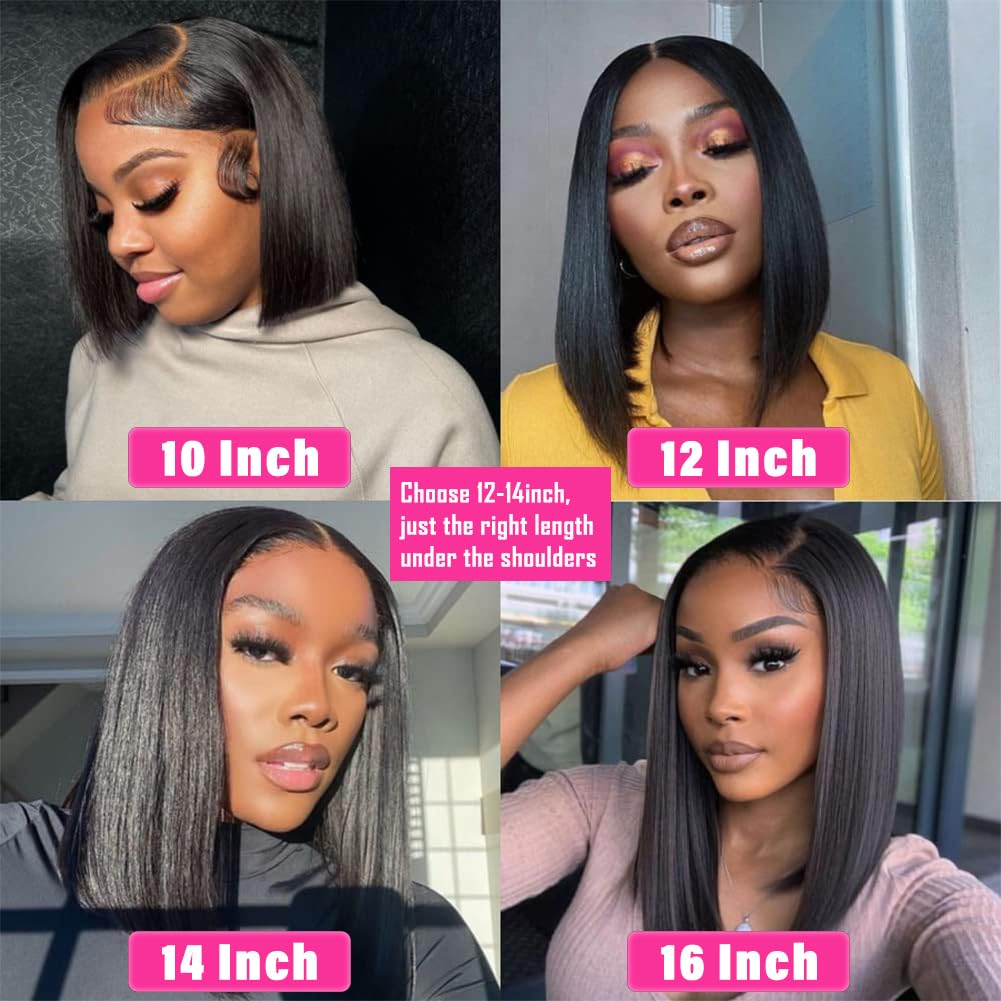 X-TRESS Bob Wig Human Hair Glueless Wig Wear and Go 13x4 HD Lace Front Wigs Human Hair Natural Black Pre-plucked Tiny Knots 14 Inch Short Straight Bob Wigs for Black Women 100% Brazilian Human Hair
