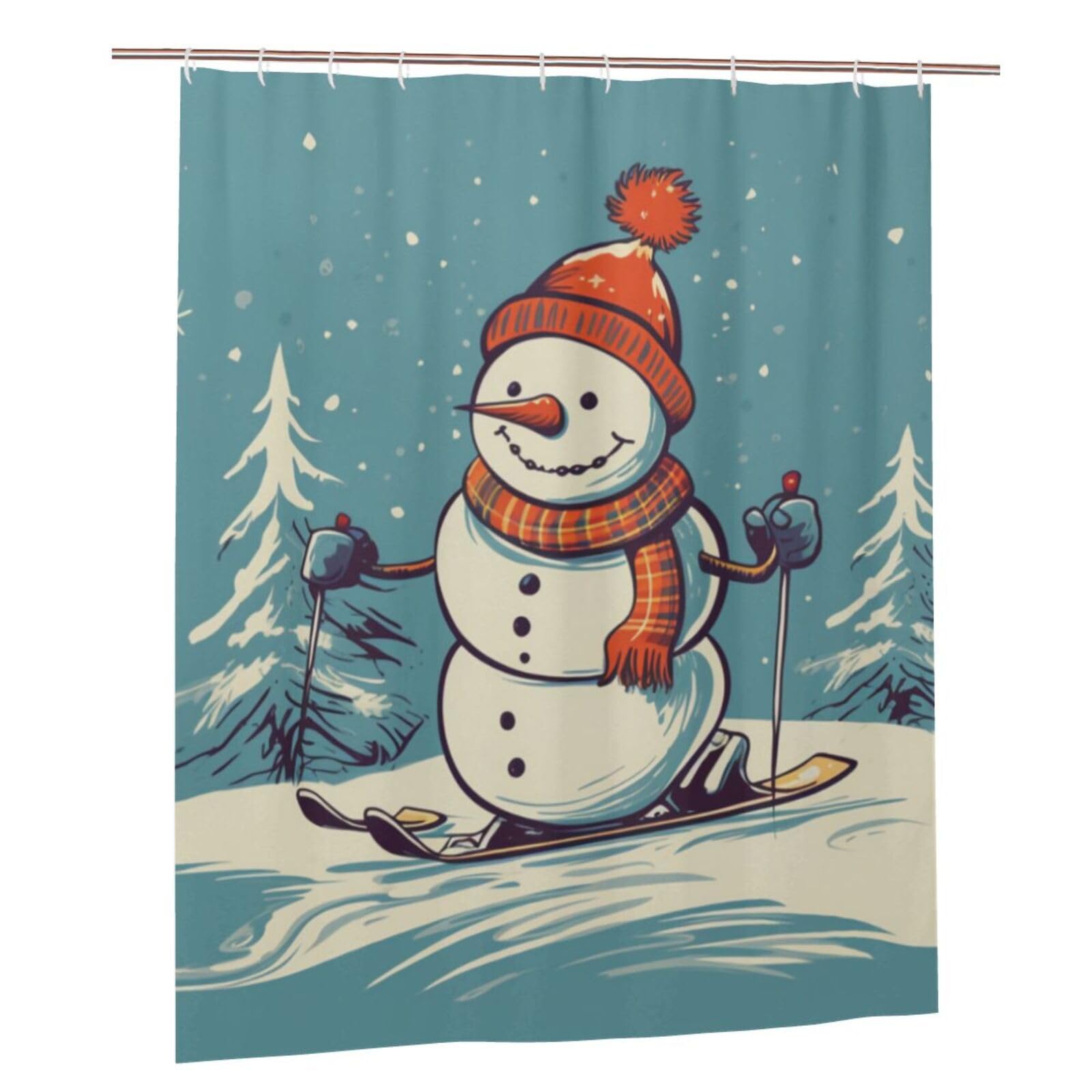 BWWHCCTI Skiing Snowman Printed Shower Curtain With 12 Plastic Hooks Opaque Quick Drying Waterproof Shower Curtains Sets For Bathroom 152x183 Cm