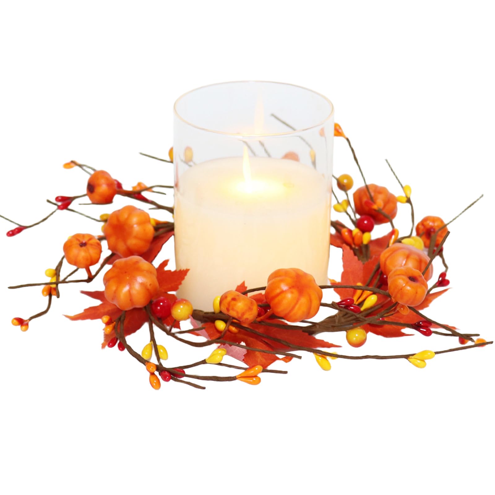 Hbbgdiy Orange Fall Candle Rings 9.8 Inch Artificial Maple Leaf Candle Wreaths With Pumpkin Berries, Small Autumn Table Centrepiece For Thanksgiving Halloween Mantel And Wedding Decor