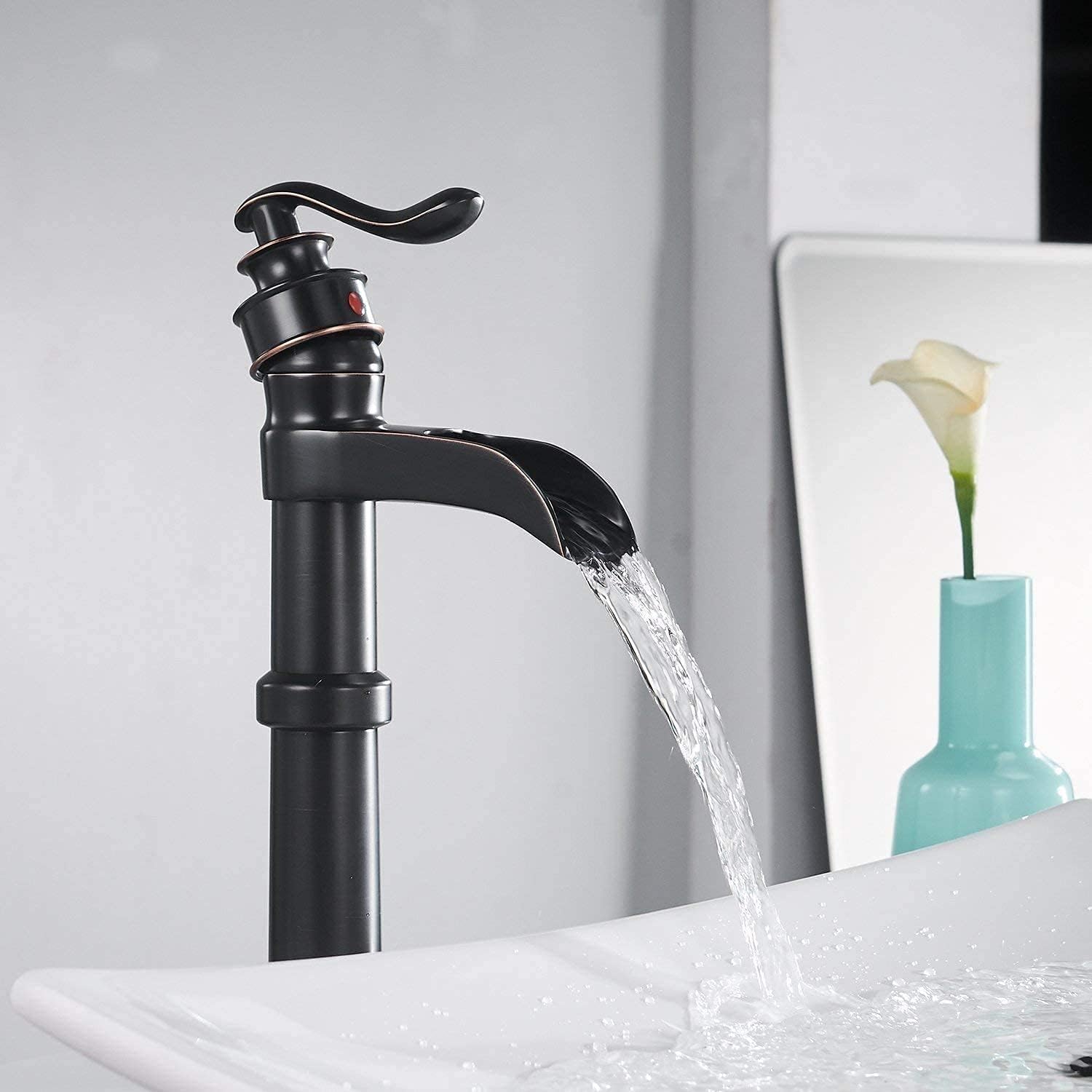 Bathfiness Bathroom Faucets Oil Rubbed Bronze Waterfall Farmhouse Tall Above Counter Faucet for Bathroom Sink 1 Hole Single Handle with Pop Up Drain Stopper Supply Lines