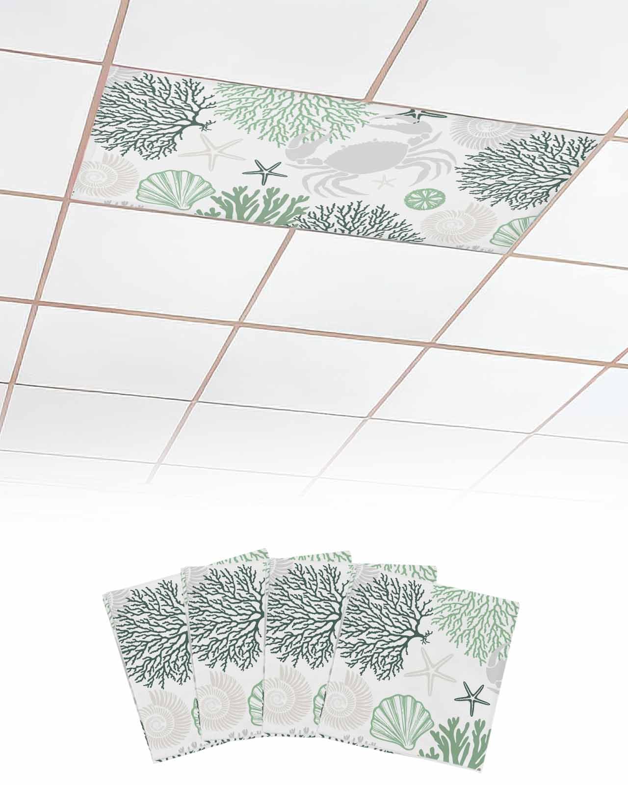 EwdeWwo Ocean 4 Pcs Fluorescent Light Covers for Ceiling Lights, Sage Green Gray Crab Coral Starfish Magnetic Light Filters for Eliminate Harsh Glare Classroom Office Decoration, 4 x 2 Ft