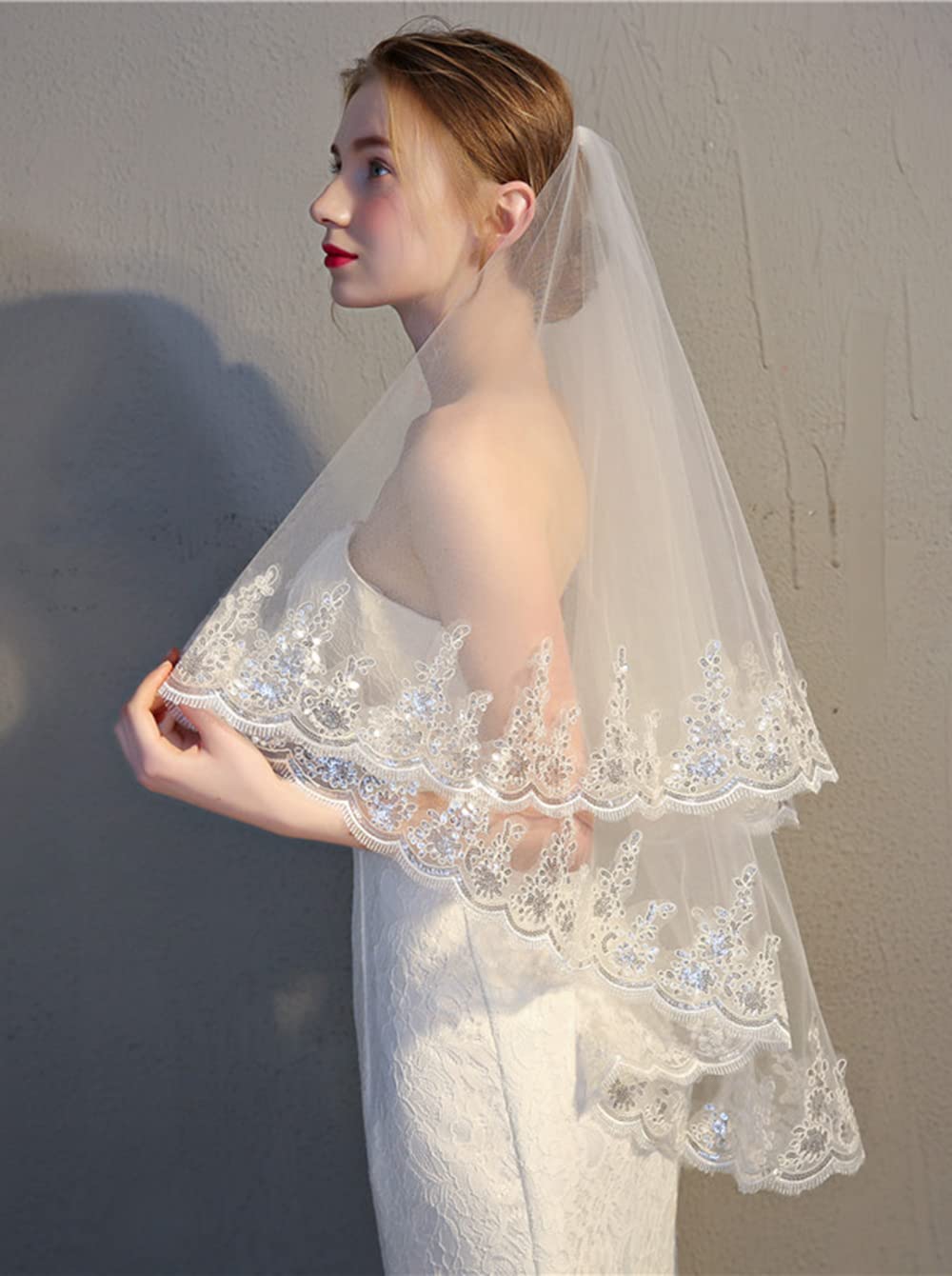 JWICOS Elegant Lace Wedding Veil for Brides 2 Tiers  display picture 3