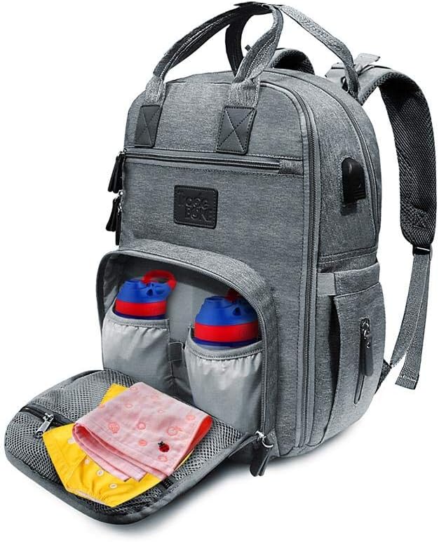 TradeBone Baby Diaper Bag Backpack Insulated with Charging Port (Medium, Grey)