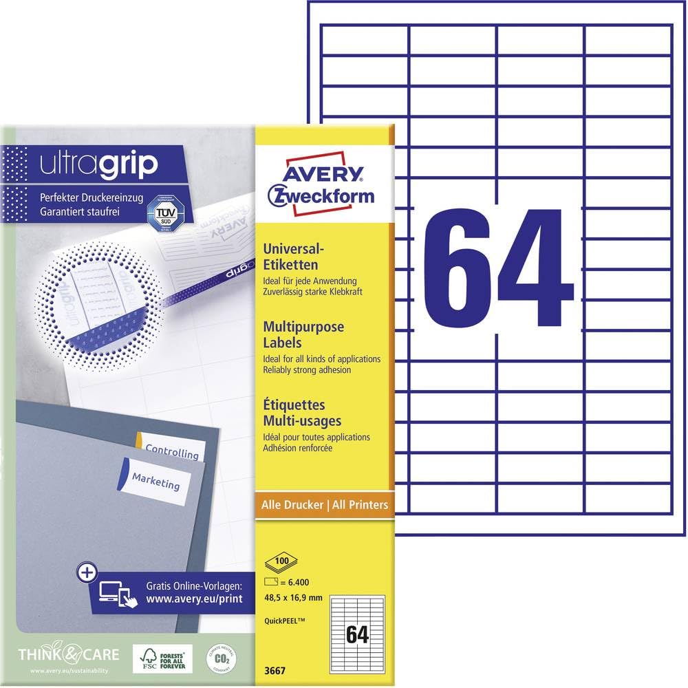 Avery Zweckform 3667, Universal Labels, A4, matt Paper, 6,400 Labels, 48.5 x 16.9 mm, 100 Sheets, White
