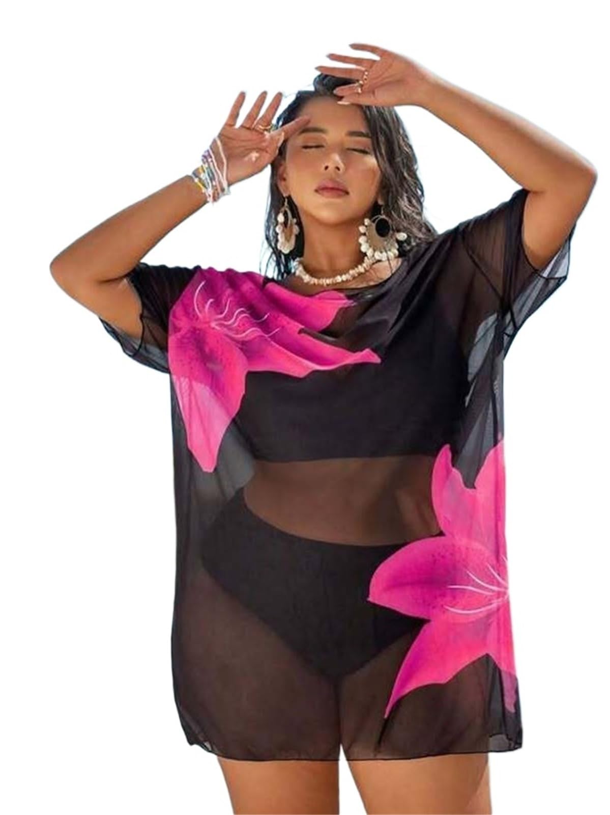 Copricostume Donna Costume da Bagno Donna Stampato a Fiori Vintage Set Abito Spiaggia Stile Vacanza Camicia di Protezione Solare a Maniche Corte Cover-up