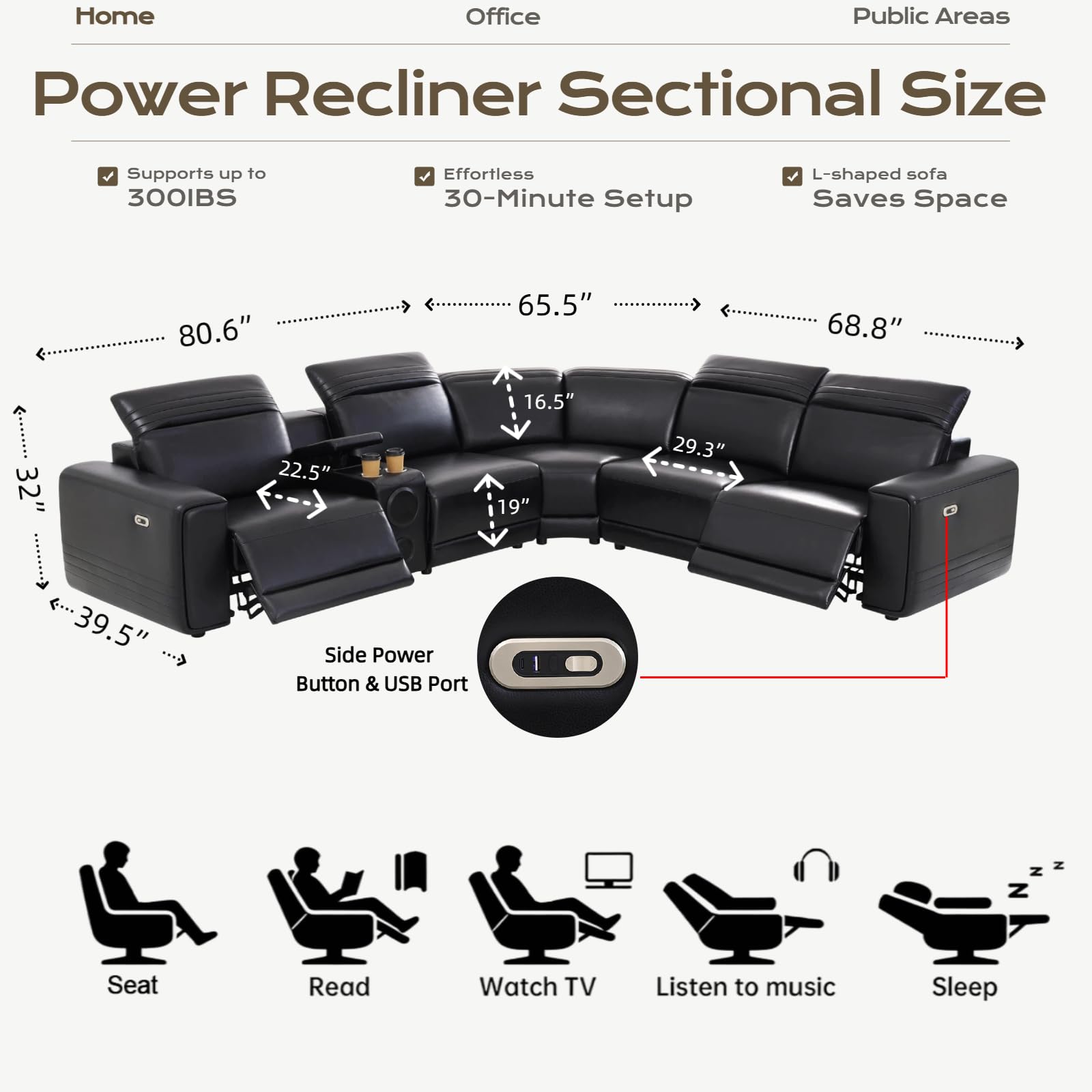 Leather Power Reclining Sectional Sofa with Bass Speakers for Living Room view 2