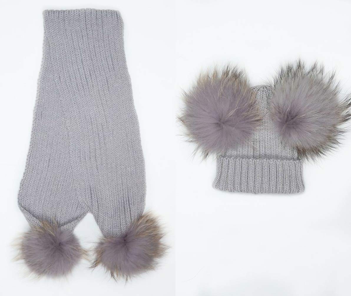 Sombrero para Bebé + Bufanda Piel Real GRIS 1-3 Años Gorra PON PON Doble desmontable Niña Niño BrillaBenny