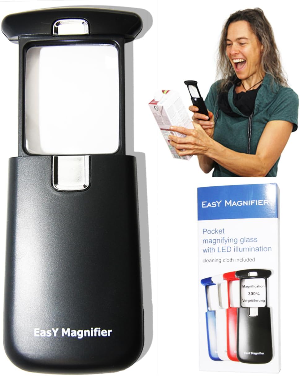 EasY Magnifier Original Pocket Led Magnifying Glass With Light 3x Small Hand Held Lighted Magnify Glasses For Close Work Reading Books Kids Toy; Mini Lens For Visually Impaired As Low Vision Aids