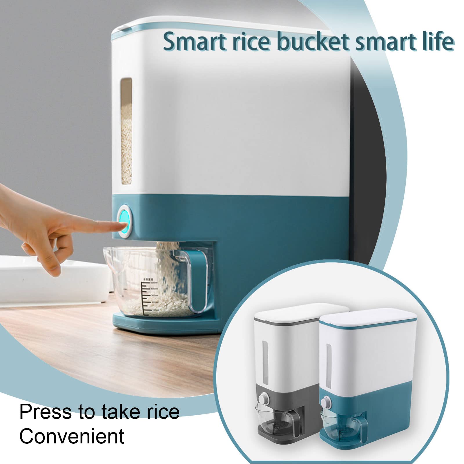 Secchio dispenser per cereali per uso domestico con cilindro graduato coperchio, contenitore da cucina ermetico per cereali, dispenser da banco per alimenti secchi, per riso, mais, farina, grigio (g