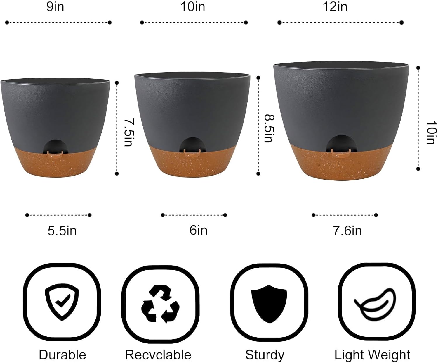 DIDROOM Self Watering Plant Pots for Indoor Plants, Set of 3 (12/10/9 inch) Plastic Plant Pots with Drainage Hole Reservoir, Indoor Outdoor Round Garden Flowers Plant Pot, Black