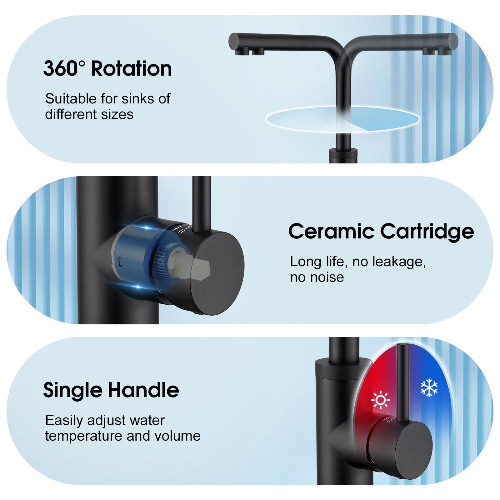 CREA 3 Way Kitchen Tap, 360 ° Swivel, Sink Mixer Tap with Water Filter Connector, Single Handle Triflow Kitchen Tap, Matte Black - Image 3