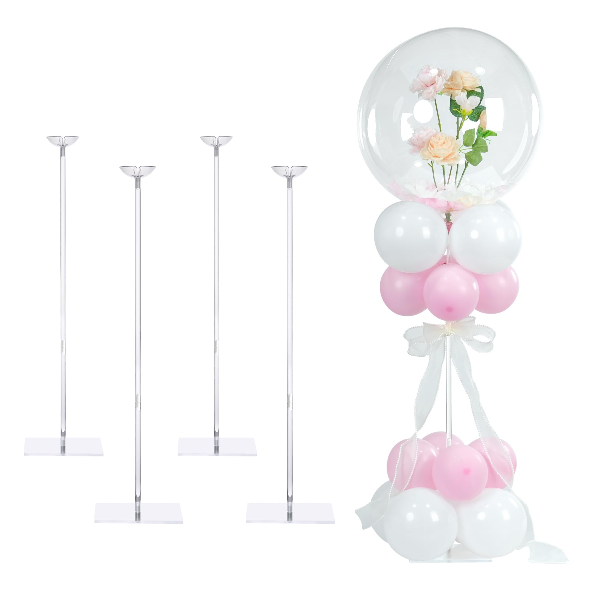 YALLOVE Balloon Stands for Table Set of 4, Adjustable Height 15.75 Inch, 23.62 Inch Balloon Centerpiece Stand, Acrylic Balloon Stick Holder with Base