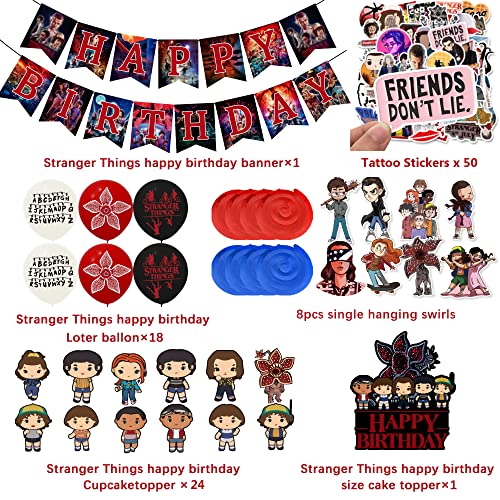 102Pcs Stranger Party Decorations Supplies Set,Stranger Party Decorations Supplies Things,Include Banner,Ceiling Hanging Swirl,Balloons, Stickers And Cupcake Toppers For Kids Birthday Party Favor Set #TOP1