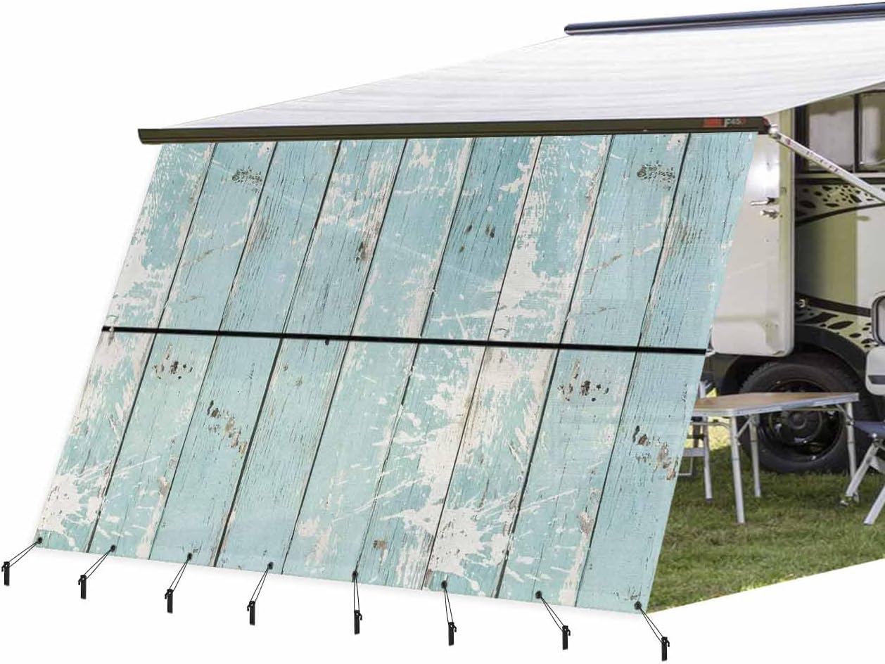 Summer Wood Grain RV Awning Sun Shade Screen with Zipper 9'x13.5' Country Vintage Nautical Sea Green Wood Grain Mesh Sunshade UV Blocker Awning Shade Complete Kits for Motorhome Camper Travel Canopy