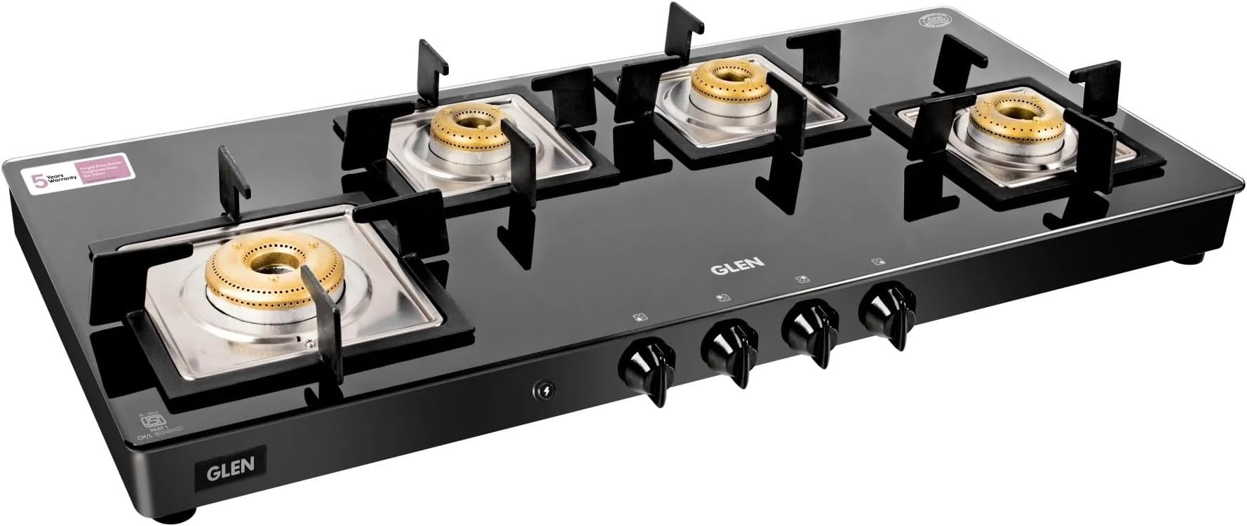 Glen 4 Burner Glass LPG Gas Stove 90 cm | Extra Wide Cooktop | 1 High Flame & 3 Forged Brass Burners | Auto Ignition | Toughened Glass Top | ISI Certified | 2-Year Warranty