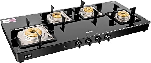 Glen 4 Burner Glass LPG Gas Stove | Extra Wide Cooktop | 1 High Flame & 3 Forged Brass Burners | Auto Ignition | Toughened Glass Top | ISI...