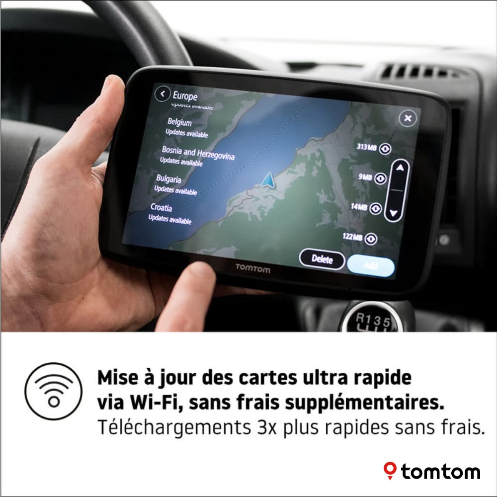 TomTom GPS GO Camper Max pour Camping-Car et Caravane, écran HD 7" avec PI pour Camping-Car et Caravane, Mises à jour via Wi-Fi, TomTom Traffic, Alertes des Zones de Danger et Cartes du Monde
