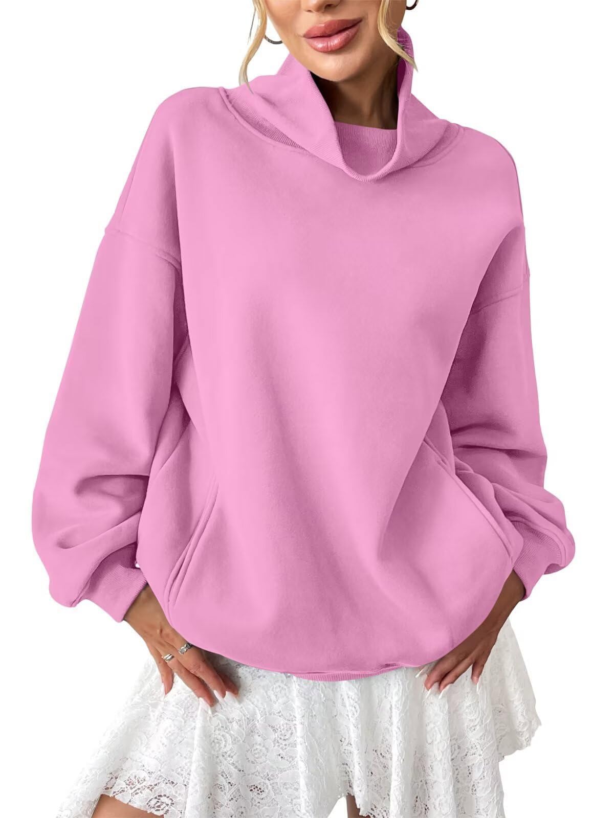 Tomwell Sudaderas de forro polar para mujer con bolsillos, cuello de tortuga, de moda, de manga larga, para otoño