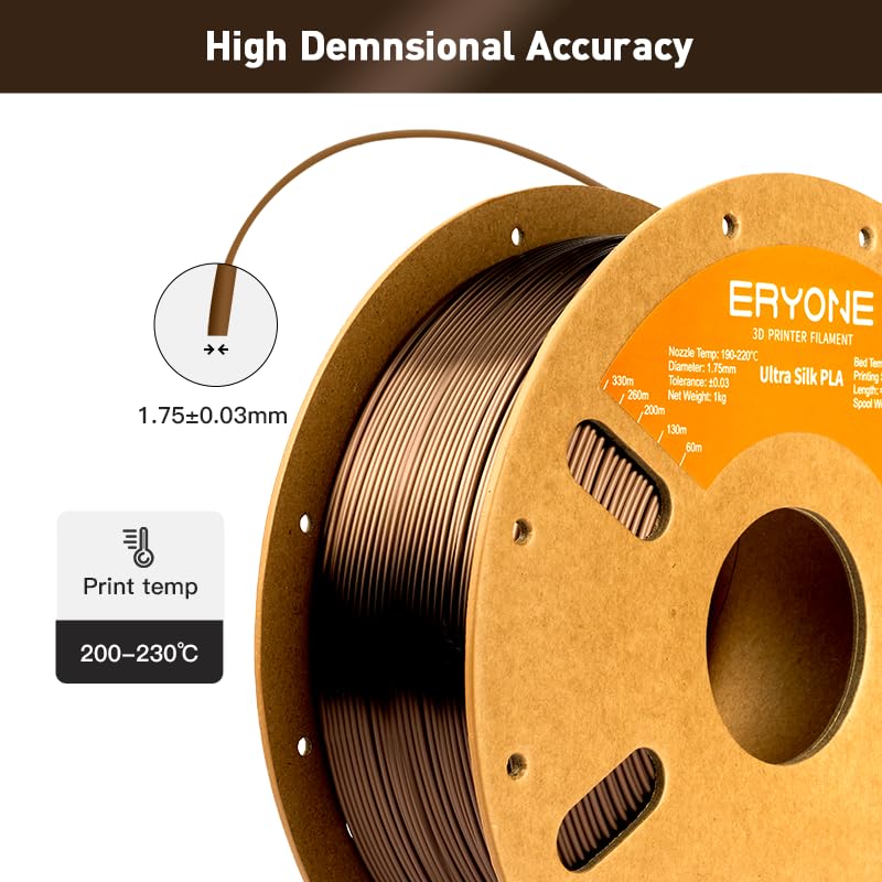 Image of ERYONE Silk Filament PLA+ 1.75mm Upgraded Shiny 3D Printer Filament, Gloss Finish, Fit Most FDM Printer Stable Printing,1kg (2.2LBS) /Spool, Dark Gold