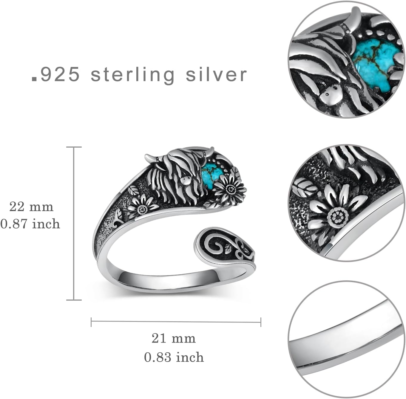 Highland Cow Ring for Women 925 Sterling Silver Highland Cow turquoise Spoon Rings Highland Cow Jewelry Gifts for Mom Wife Best Friend or Her Size 5-9 - Image 4