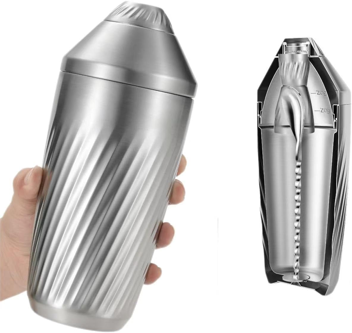 Hybrid Cocktail Shaker Set - Innovative Premium Vacuum Insulated Stainless Steel Drink Shaker Double Wall Margarita Mixer Jigger & Mixing Spoon Set - Martini Shaker for Home Bartender - 28oz