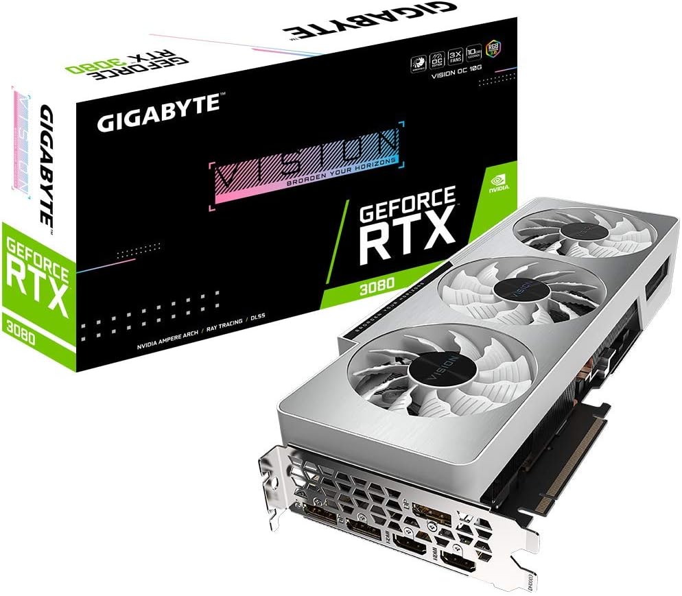GIGABYTE GeForce RTX 3080 Vision OC 10G (REV2.0) Graphics Card, 3X WINDFORCE Fans, LHR, 10GB 320-bit GDDR6X, GV-N3080VISION OC-10GD REV2.0 Video Card