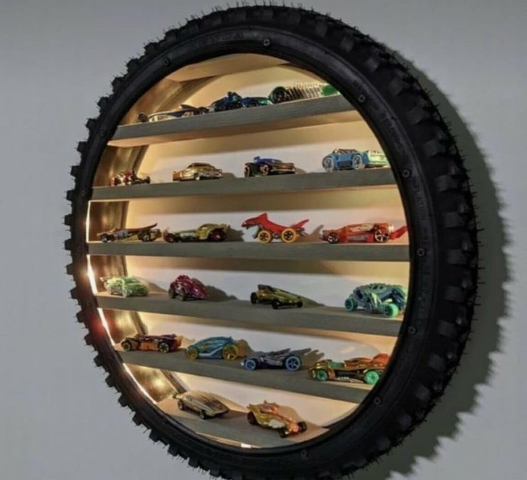 Wooden Wall Hanging Lighting Tyre for Home Decor, Kids Toys Stand, Living Room, Bolgony, Office Display Stand - 24 Inch Birthday Gift (Without Toys) (Yellow)